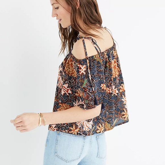 Madewell Silk Cold Shoulder Tie Tassel Straps Sea Floral Crop Top - M - Picture 2 of 15